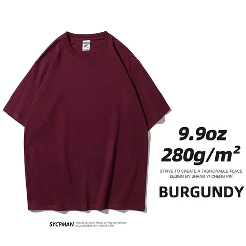 9.9oz 280gsm High Qualtity Oversized Heavy T-shirt for Men Short Sleeve Tee Cotton Solid Color Trend Leisure Green White Black
