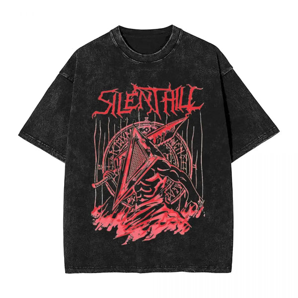 Streetwear Hip Hop Vintage T-Shirts Silent Hill Washed Cotton T Shirt Horror Movie Game Tees Men Women Harajuku Printed Tops