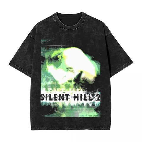 Streetwear Hip Hop Vintage T-Shirts Silent Hill Washed Cotton T Shirt Horror Movie Game Tees Men Women Harajuku Printed Tops