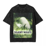 Streetwear Hip Hop Vintage T-Shirts Silent Hill Washed Cotton T Shirt Horror Movie Game Tees Men Women Harajuku Printed Tops