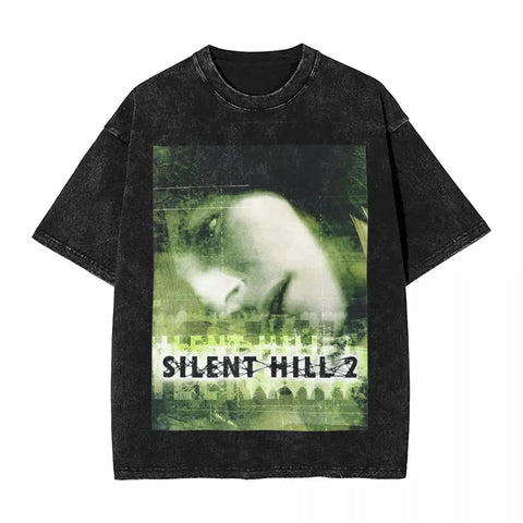 Streetwear Hip Hop Vintage T-Shirts Silent Hill Washed Cotton T Shirt Horror Movie Game Tees Men Women Harajuku Printed Tops