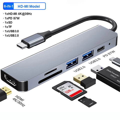 USB C HUB 4K 30Hz Type C to HDMI-compatible PD 87W USB Splitter USB Adapter For Macbook Air Pro USB3.0 HUB TF SD Multi Converter
