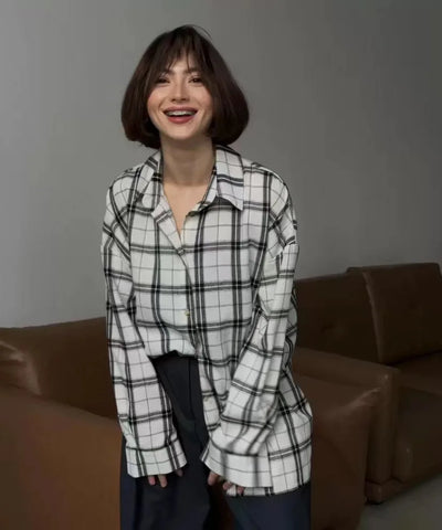 Oversized Plaid Shirt Autumn Winter Women Vintage Long Sleeve Fashion Loose Lapel Pocket Shirt Fit Blouse Korean Style