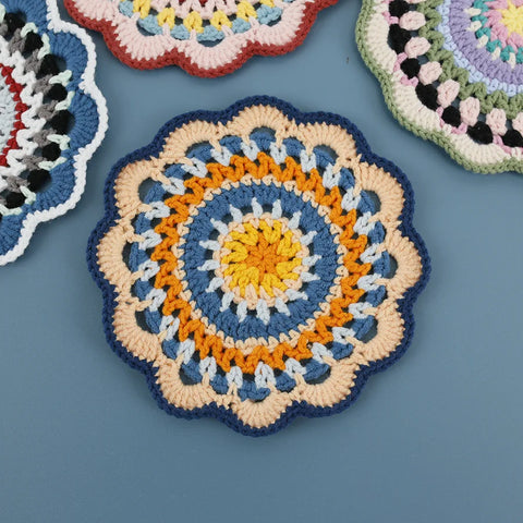 Bohemian Handmade Woven Colorful Coasters Yarn Crochet Artistic Decorative Home Accessories Round Mats Finished Products
