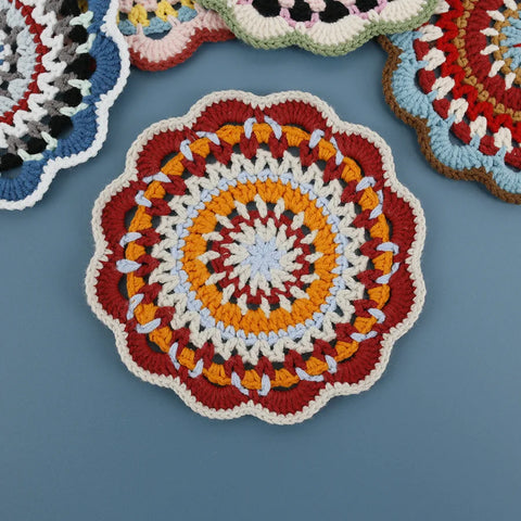 Bohemian Handmade Woven Colorful Coasters Yarn Crochet Artistic Decorative Home Accessories Round Mats Finished Products