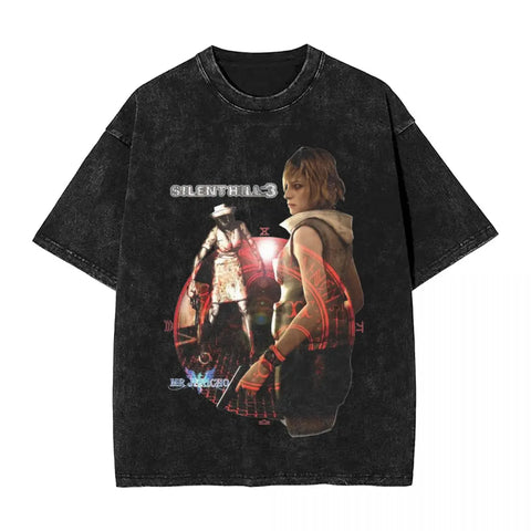 Streetwear Hip Hop Vintage T-Shirts Silent Hill Washed Cotton T Shirt Horror Movie Game Tees Men Women Harajuku Printed Tops