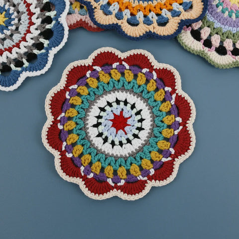 Bohemian Handmade Woven Colorful Coasters Yarn Crochet Artistic Decorative Home Accessories Round Mats Finished Products