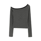 2025 New Spring Summer Vintage Striped Women's T-shirt Long Sleeve One Shoulder Casual Korean Bottom Shirts Tops Female