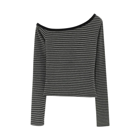 2025 New Spring Summer Vintage Striped Women's T-shirt Long Sleeve One Shoulder Casual Korean Bottom Shirts Tops Female