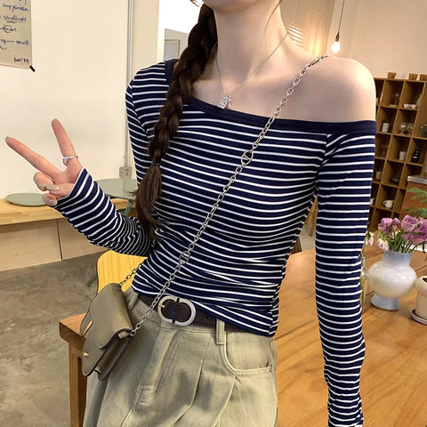2025 New Spring Summer Vintage Striped Women's T-shirt Long Sleeve One Shoulder Casual Korean Bottom Shirts Tops Female