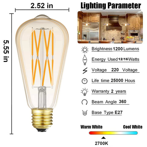 ST64 12W 16W Edison LED Filament Amber Bulb lamp 85-265V E27 Vintage Ampoule Replace 160W Incandescent Light Decorative Bulbs
