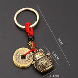 1Pc Vintage Pure Handmade Lucky Cat Car Keychain Lucky Cat Five Emperors Money Keychain Feng Shui Coins Solid Lucky Key Ring