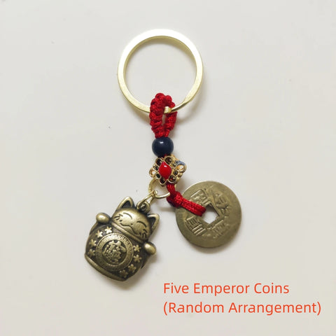 1Pc Vintage Pure Handmade Lucky Cat Car Keychain Lucky Cat Five Emperors Money Keychain Feng Shui Coins Solid Lucky Key Ring