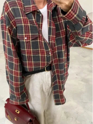 Oversized Plaid Shirt Autumn Winter Women Vintage Long Sleeve Fashion Loose Lapel Pocket Shirt Fit Blouse Korean Style