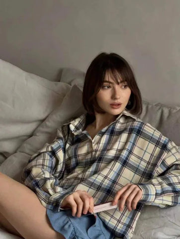 Oversized Plaid Shirt Autumn Winter Women Vintage Long Sleeve Fashion Loose Lapel Pocket Shirt Fit Blouse Korean Style