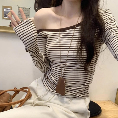 2025 New Spring Summer Vintage Striped Women's T-shirt Long Sleeve One Shoulder Casual Korean Bottom Shirts Tops Female