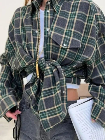 Oversized Plaid Shirt Autumn Winter Women Vintage Long Sleeve Fashion Loose Lapel Pocket Shirt Fit Blouse Korean Style