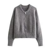 TRAFZA Women Vintage Solid Color Coat Long Sleeve Round Neck Sweater Jacket 2024 Spring Female Casual Zipper Sweater Coats