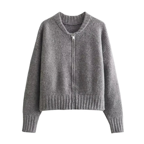 TRAFZA Women Vintage Solid Color Coat Long Sleeve Round Neck Sweater Jacket 2024 Spring Female Casual Zipper Sweater Coats