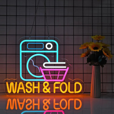Wash & Fold Neon Sign for Laundry Room Wall Decor LED Light Up Sign for Home Laundromat Wash Room Decor Art Wall Decor Lights