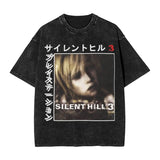 Streetwear Hip Hop Vintage T-Shirts Silent Hill Washed Cotton T Shirt Horror Movie Game Tees Men Women Harajuku Printed Tops