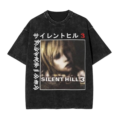 Streetwear Hip Hop Vintage T-Shirts Silent Hill Washed Cotton T Shirt Horror Movie Game Tees Men Women Harajuku Printed Tops