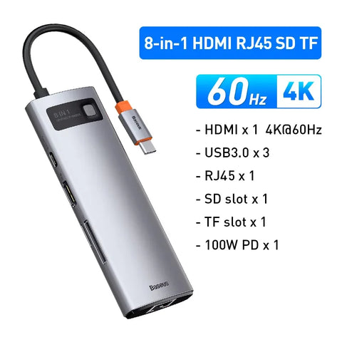 Baseus 4K 60Hz USB C Hub Type C to Ethernet Port PD 100W Adapter for Macbook Pro USB 3.0 Hub Laptop Tablet Accessories