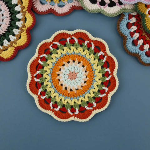 Bohemian Handmade Woven Colorful Coasters Yarn Crochet Artistic Decorative Home Accessories Round Mats Finished Products