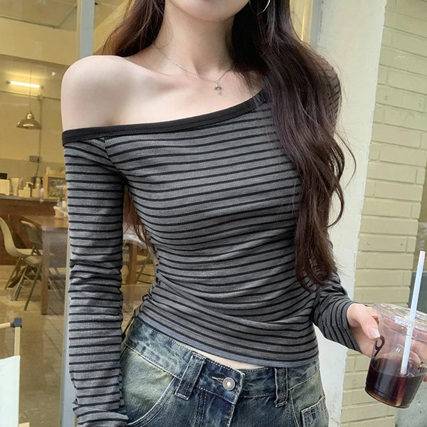 2025 New Spring Summer Vintage Striped Women's T-shirt Long Sleeve One Shoulder Casual Korean Bottom Shirts Tops Female