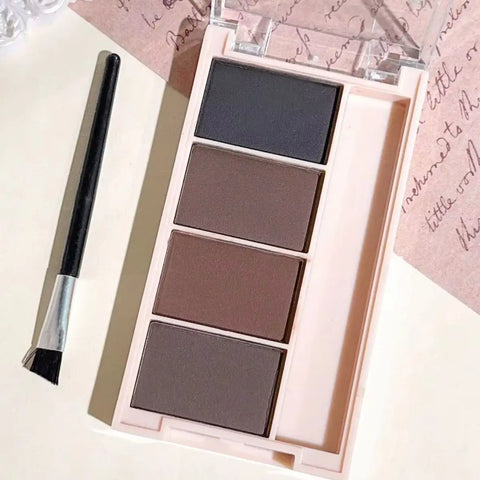 A set of 4-color eyebrow powder trays with brushes in gray and brown matte tones for long-lasting color rendering, filling and s