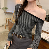 2025 New Spring Summer Vintage Striped Women's T-shirt Long Sleeve One Shoulder Casual Korean Bottom Shirts Tops Female