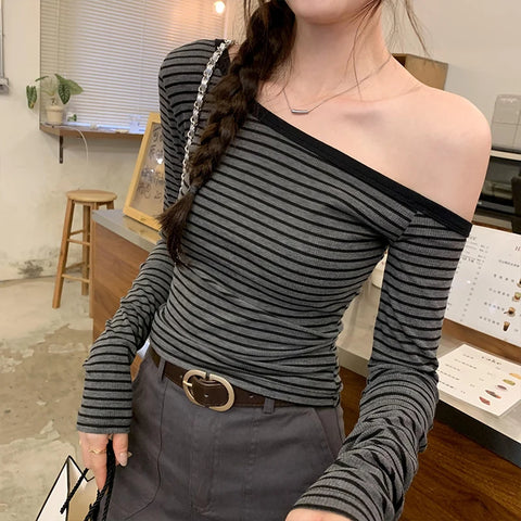 2025 New Spring Summer Vintage Striped Women's T-shirt Long Sleeve One Shoulder Casual Korean Bottom Shirts Tops Female