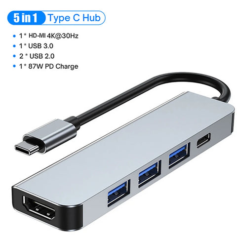 USB C HUB 4K 30Hz Type C to HDMI-compatible PD 87W USB Splitter USB Adapter For Macbook Air Pro USB3.0 HUB TF SD Multi Converter
