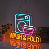 Wash & Fold Neon Sign for Laundry Room Wall Decor LED Light Up Sign for Home Laundromat Wash Room Decor Art Wall Decor Lights