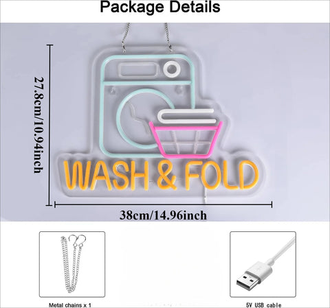 Wash & Fold Neon Sign for Laundry Room Wall Decor LED Light Up Sign for Home Laundromat Wash Room Decor Art Wall Decor Lights