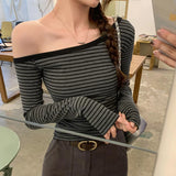 2025 New Spring Summer Vintage Striped Women's T-shirt Long Sleeve One Shoulder Casual Korean Bottom Shirts Tops Female