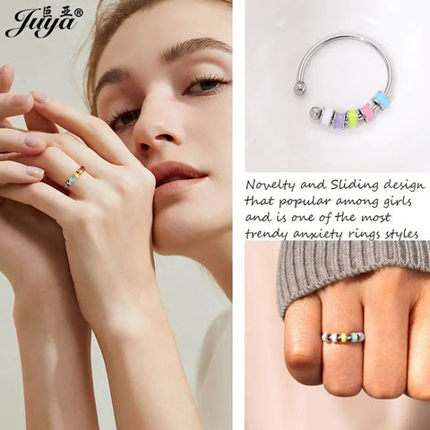 Stainless Steel Rings Fidget Anxiety Rings For Women Adjustable Open Rings With Colorful Enamel Beads Nickel-free Dainty Jewelry