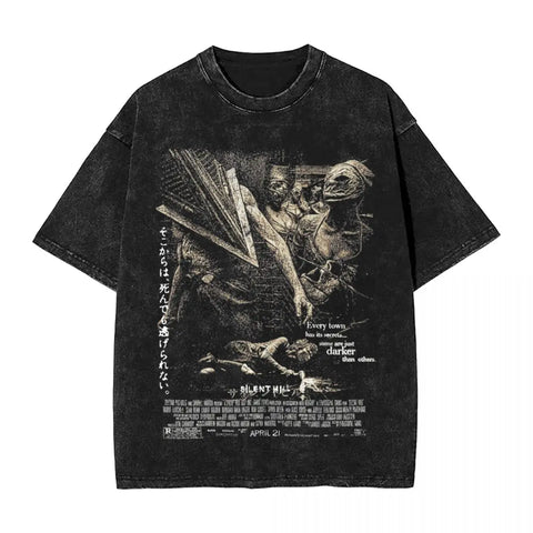 Streetwear Hip Hop Vintage T-Shirts Silent Hill Washed Cotton T Shirt Horror Movie Game Tees Men Women Harajuku Printed Tops