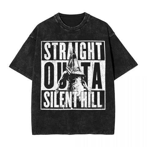 Streetwear Hip Hop Vintage T-Shirts Silent Hill Washed Cotton T Shirt Horror Movie Game Tees Men Women Harajuku Printed Tops