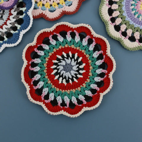 Bohemian Handmade Woven Colorful Coasters Yarn Crochet Artistic Decorative Home Accessories Round Mats Finished Products