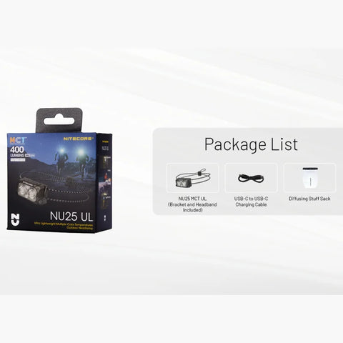 NITECORE NU25 MCT UL USB-C rechargeable Headlamp 400Lumens Max throw of 132 meters Beam color White Light, Red Light
