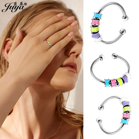 Stainless Steel Rings Fidget Anxiety Rings For Women Adjustable Open Rings With Colorful Enamel Beads Nickel-free Dainty Jewelry