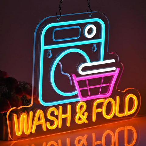 Wash & Fold Neon Sign for Laundry Room Wall Decor LED Light Up Sign for Home Laundromat Wash Room Decor Art Wall Decor Lights