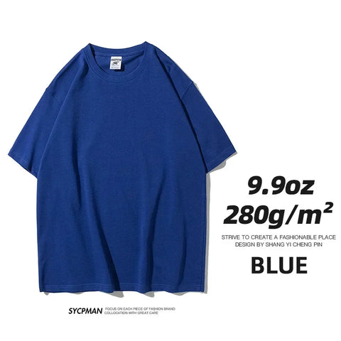 9.9oz 280gsm High Qualtity Oversized Heavy T-shirt for Men Short Sleeve Tee Cotton Solid Color Trend Leisure Green White Black