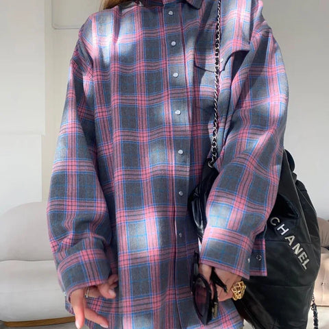 Oversized Plaid Shirt Autumn Winter Women Vintage Long Sleeve Fashion Loose Lapel Pocket Shirt Fit Blouse Korean Style